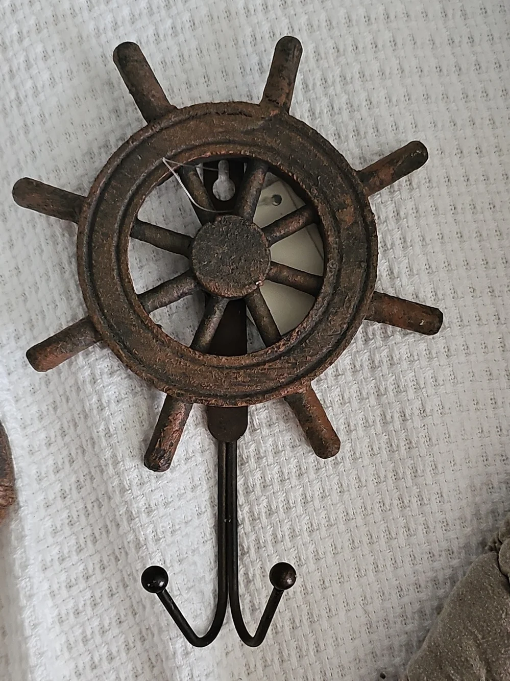 Rustic Anchor and Ship Wheel Wall Hooks - Brown Nautical Decor